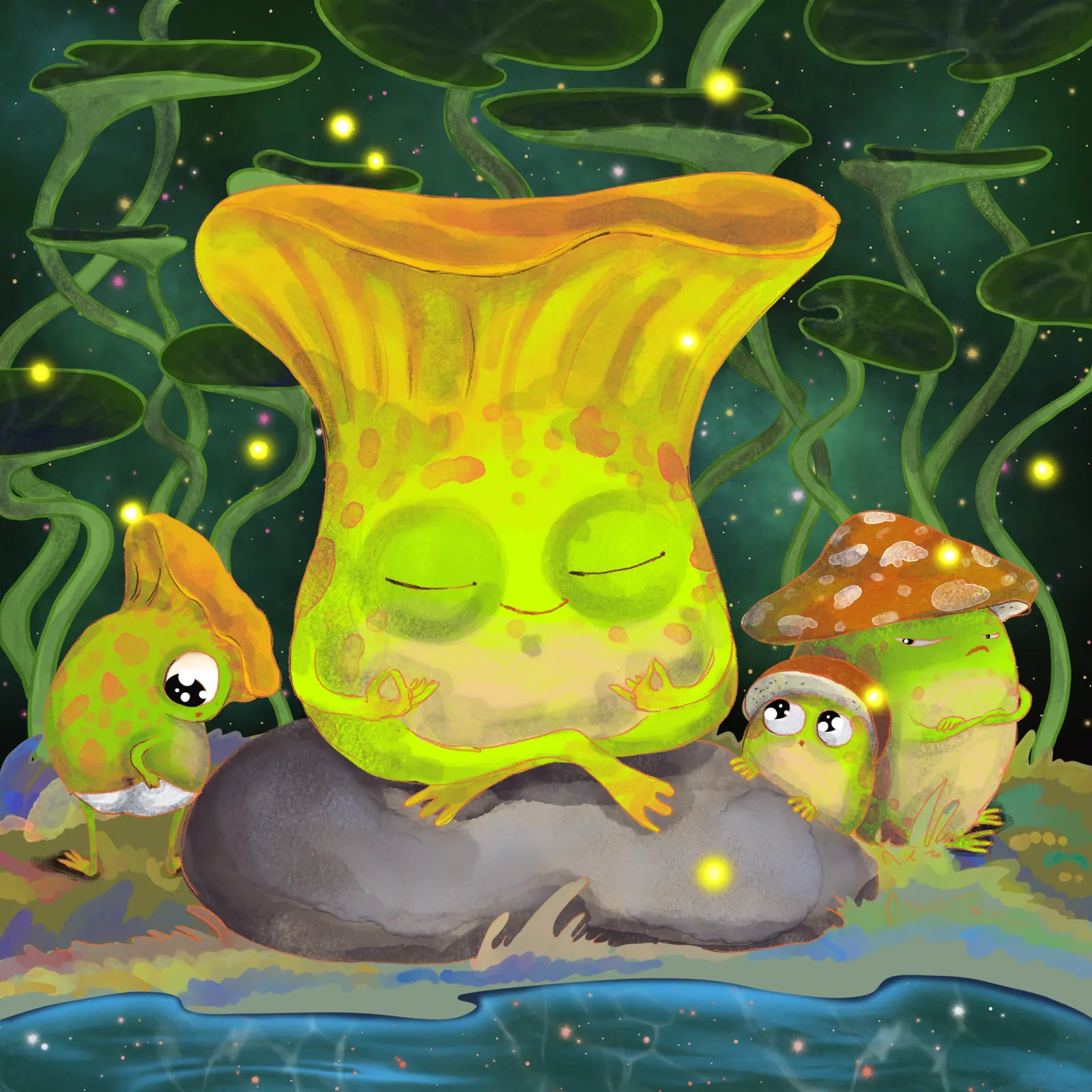 Froghood frogs conducting serious business around a mushroom circle