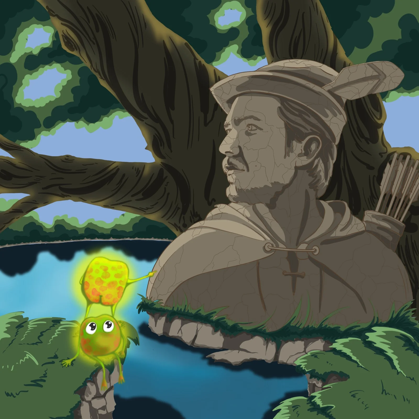 Ancient frog archer monument in the forest