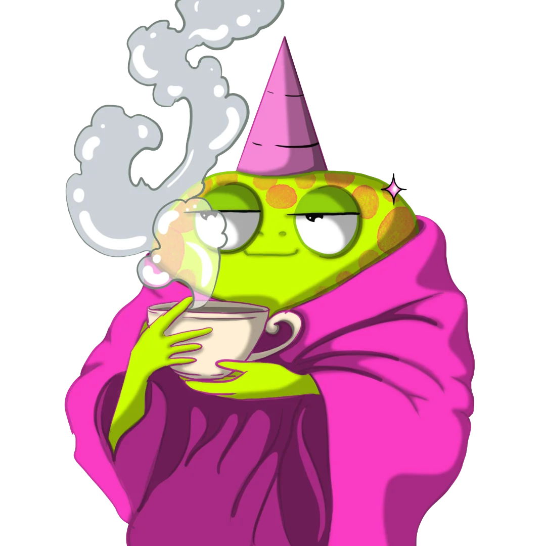 A green frog in a pink robe and party hat sipping a hot drink