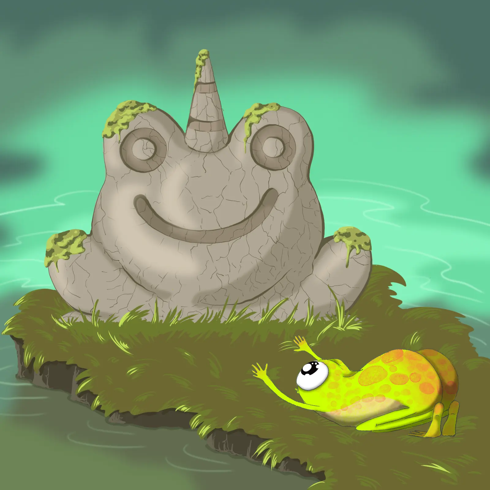 A frog greeting an ancient moss-covered stone frog