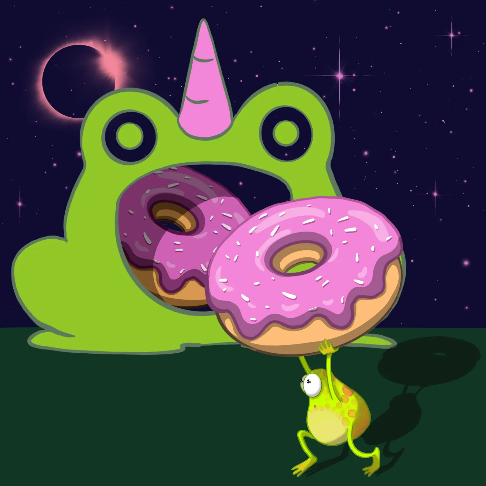 Frogs carrying pink donuts beneath an eclipse