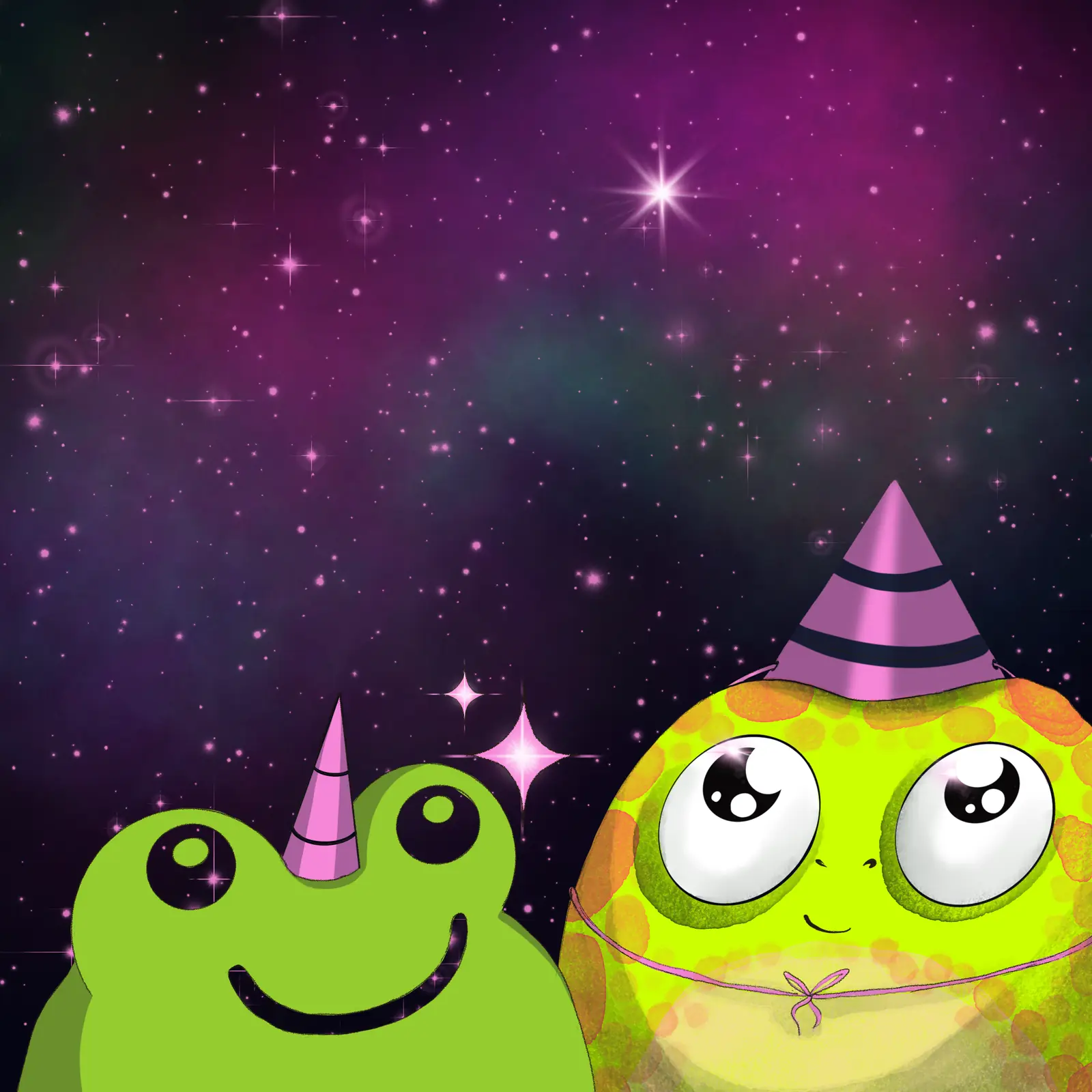 Two frogs in unicorn hats beneath a pink star field