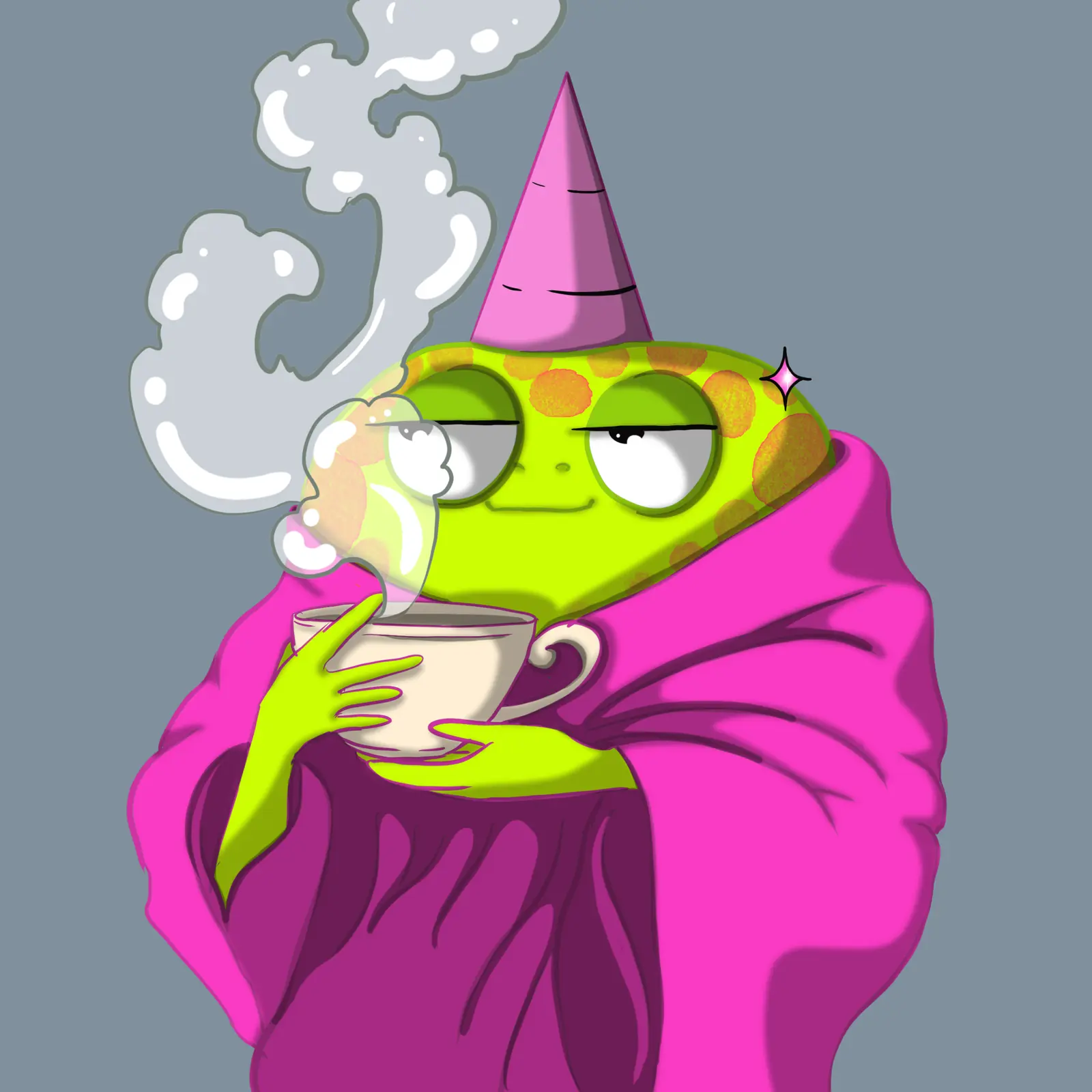 A relaxed Froghood wizard holding a warm cup