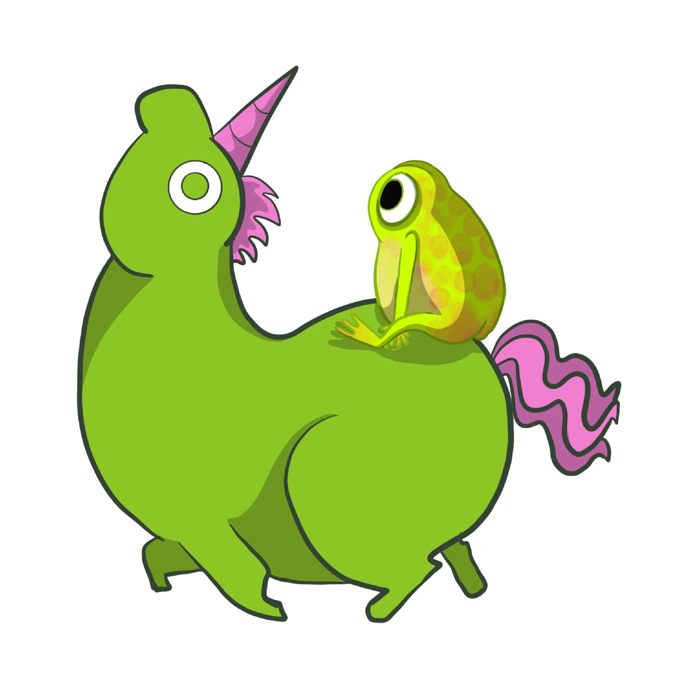 A frog riding a green unicorn